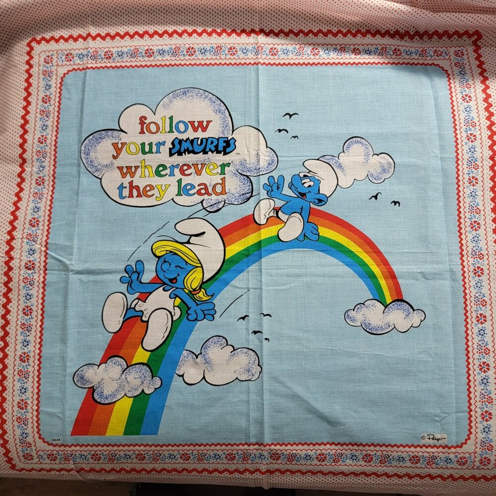 Vintage 80's Smurfs Fabric Quilt Panel Peyo Wallace Berrie Smurfette Rainbow